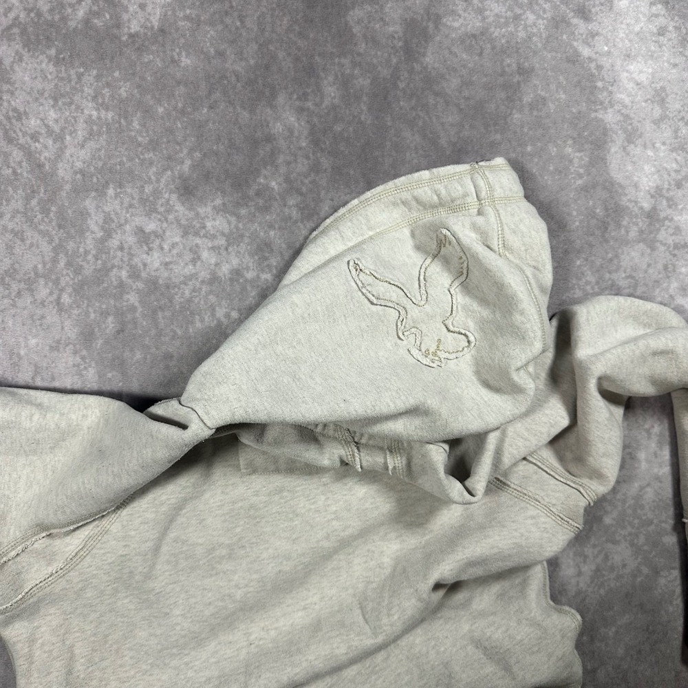 American Eagle Womens Oatmeal Heather Embroidered Logo Hoodie Small Y2K Fleece - Picture 4 of 7